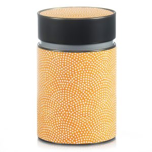 80g Washi Teebüchse aus orangem Papier mit weißen Punkten und einem Deckel in Bronze.
