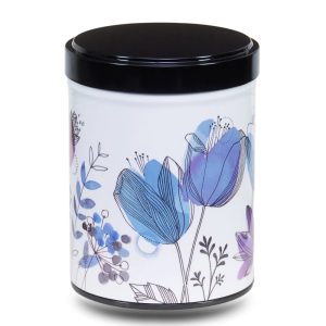 B-145-boite-the-illustree-B-nuit-ss-corolles Boite a the en metal d'artiste illustrée d'un dessin de fleurs bleues sur fond blanc
