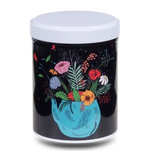 B-210-boite-the-illustree-B-fleurs-de-the Boite a the en metal d'artiste illustrée d'un dessin de bouquet de fleurs dans un vase bleu sur fond noir
