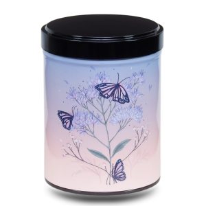 B-212-boite-the-illustree-B-monarque Boite a the en metal d'artiste illustrée d'un dessin de papillons sur une fleur sur un fond dégradé qui va du rose au bleu