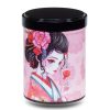 B-217-boite-the-illustree-B-haru Boite a the en metal d'artiste illustrée d'un dessin d'une geisha japonaise avec une rose rouge sur fond rose