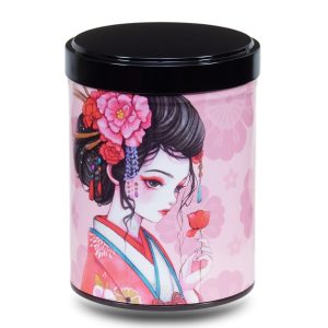 B-217-boite-the-illustree-B-haru Boite a the en metal d'artiste illustrée d'un dessin d'une geisha japonaise avec une rose rouge sur fond rose