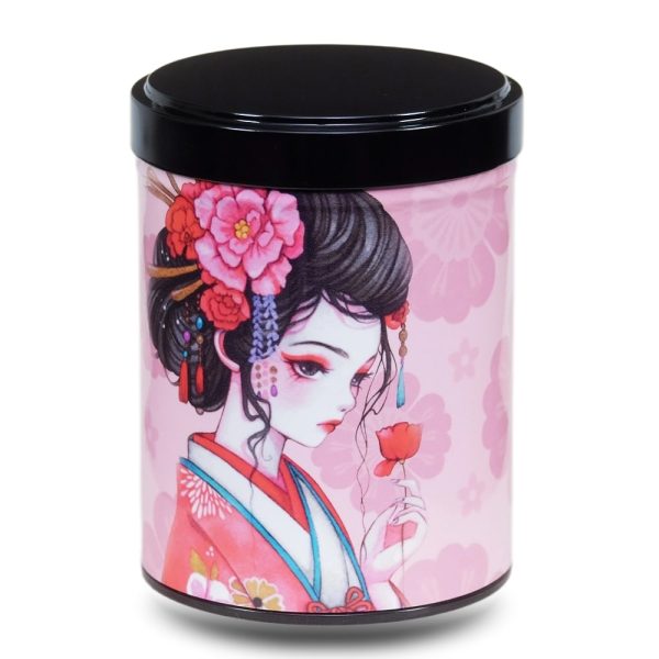 B-217-boite-the-illustree-B-haru Boite a the en metal d'artiste illustrée d'un dessin d'une geisha japonaise avec une rose rouge sur fond rose