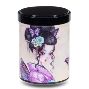 B-218-boite-the-illustree-B-mme-butterfly Boite a the en metal d'artiste illustrée d'un dessin d'une geisha japonaise et de papillons sur fond beige