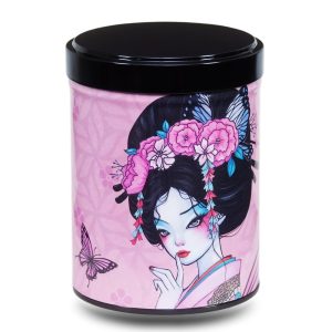 B-219-boites-B-keiko Boite a the en metal d'artiste illustrée d'un dessin d'une geisha japonaise et de papillons sur fond rose