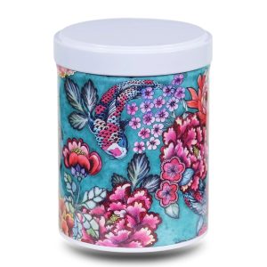 B-220-boite-the-illustree-B-asahino Boite a the en metal d'artiste illustrée d'un dessin de carpe et de fleurs aquatiques sur fond bleu
