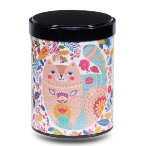 B-221-boite-the-illustree-B-ozie Boite a the en metal d'artiste illustrée d'un dessin d'un chat stylisé sur fond de fleurs