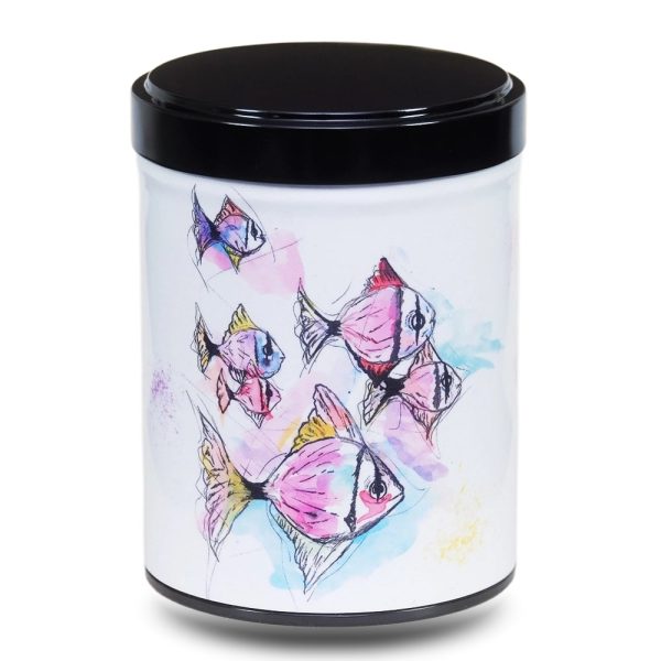 B-222-boites-B-nuage-fish Artist's metal tea box illustrated with a drawing of a school of stylized fish on a white background.