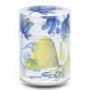 Metal tea caddy illustrated with a mangrove design with blue flowers on a white background