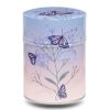 C-190-boite-the-illustree-C-monarque Boite à thé en métal illustrée d'une fleur et de papillons sur un fond dégradé de rose au bleu
