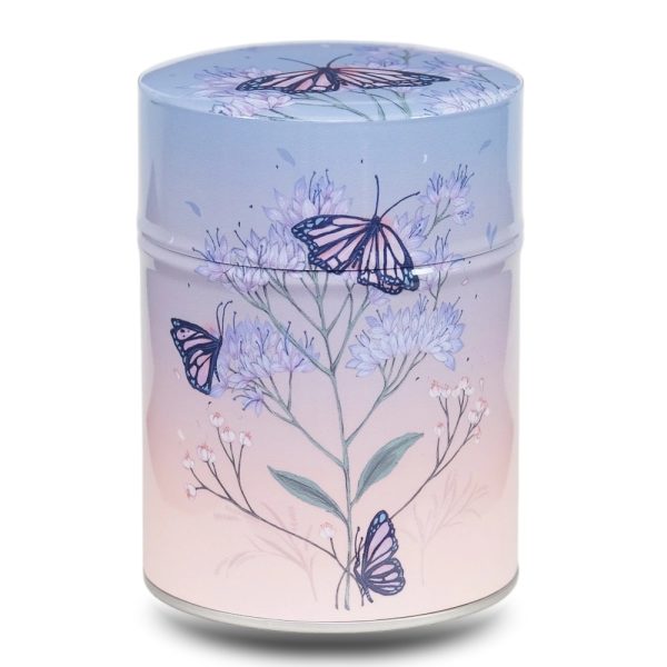C-190-boite-the-illustree-C-monarque Boite à thé en métal illustrée d'une fleur et de papillons sur un fond dégradé de rose au bleu