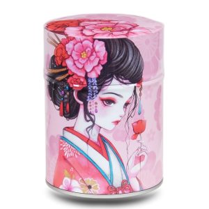 Metal tea caddy featuring a Japanese geisha with a red flower on a pink background