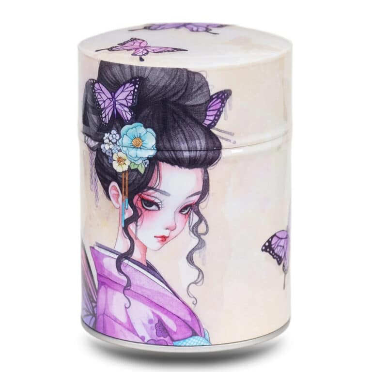 Metal tea caddy featuring a Japanese geisha with butterflies on a beige background