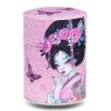 C-197-boites-C-keiko Metal tea caddy featuring a Japanese geisha with butterflies on a pink background