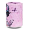 C-197-boites-C-keiko-2 Metal tea caddy featuring a Japanese geisha with butterflies on a pink background