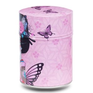 Metal tea caddy featuring a Japanese geisha with butterflies on a pink background