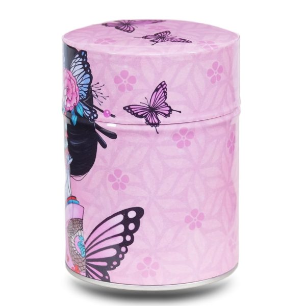 C-197-boites-C-keiko-2 Metal tea caddy featuring a Japanese geisha with butterflies on a pink background
