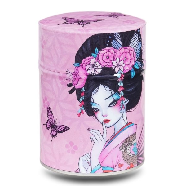 C-197-boites-C-keiko Boite à thé en métal illustrée d'une geisha japonaise avec des papillons sur fond rose