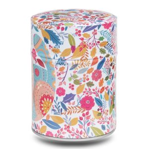 Metal tea caddy illustrated with a stylized cat and flowers and leaves on a white background