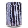Metal tea caddy illustrated with a design of white beech trees on a black background