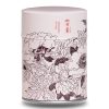 Boite à thé en métal illustrée d'un dessin de fleurs japonaises avec des caractères japonais sur fond rose/beige