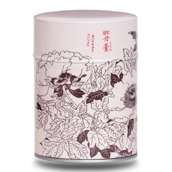 Boite à thé en métal illustrée d'un dessin de fleurs japonaises avec des caractères japonais sur fond rose/beige