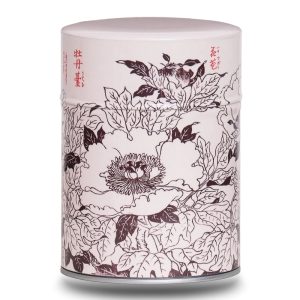 Metal tea caddy illustrated with a design of Japanese flowers with Japanese characters on a pink/beige background