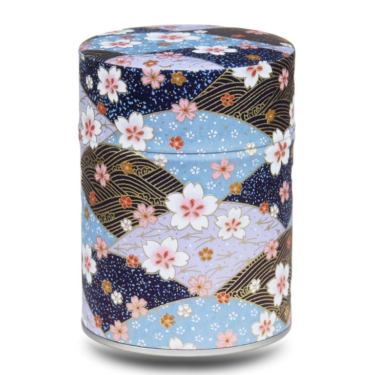 caja de té abanico azul y malva