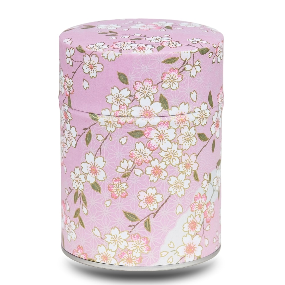 caja de té rosa malva con flores de cerezo blancas