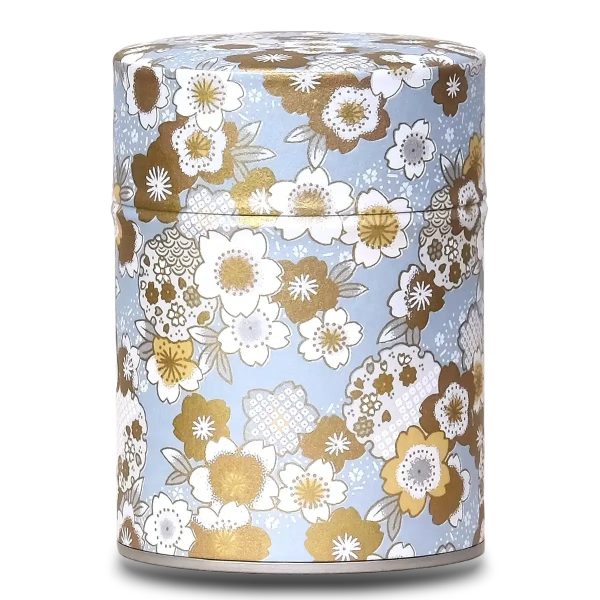 boite thé bleu clair avec grosse fleurs
