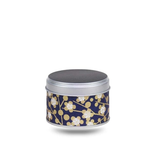 Petite boite a the en metal recouverte de papier washi violet et fleurs dorées