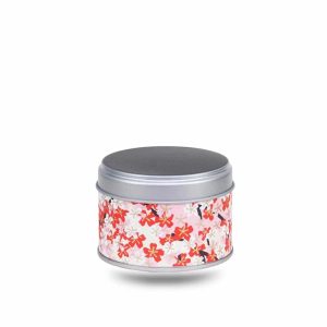Petite boite a the en metal recouverte de papier washi rose avec fleurs rouges et blanches