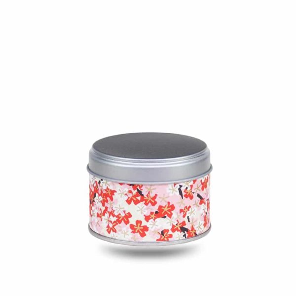 Petite boite a the en metal recouverte de papier washi rose avec fleurs rouges et blanches
