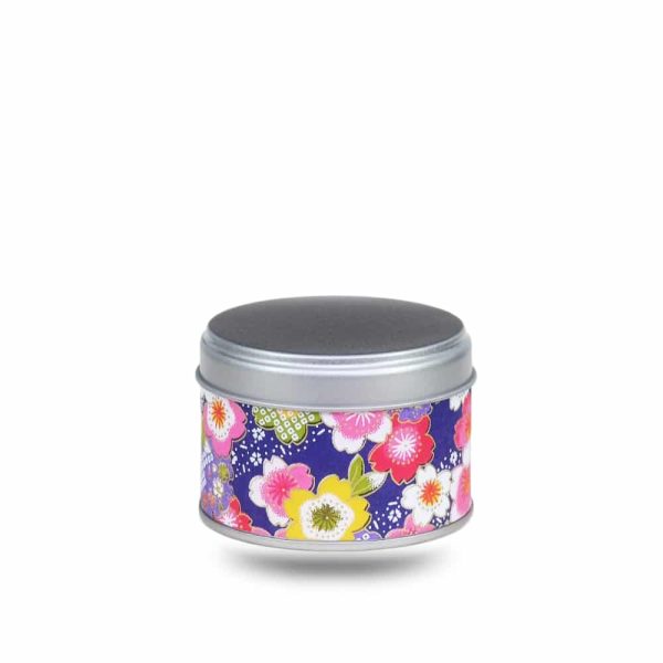 Small metal tea box covered with mauve/blue washi paper with large flowers