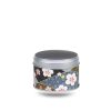 Small metal tea box covered with grey, black and blue washi paper with fans and flowers