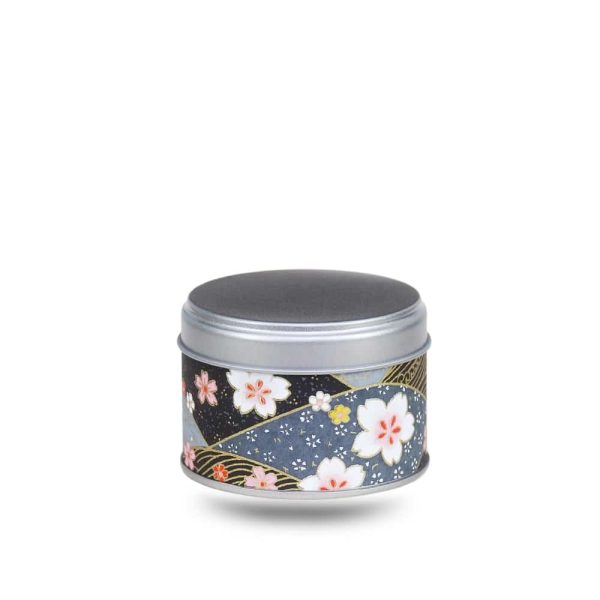 Small metal tea box covered with grey, black and blue washi paper with fans and flowers