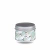 Small metal tea box covered in turquoise washi paper with white cranes