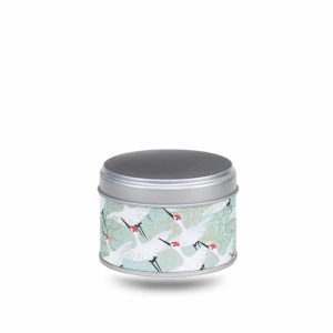 Petite boite a the en metal recouverte de papier washi turquoise avec des grues blanches