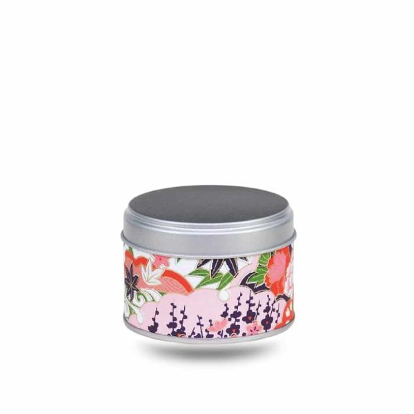 Small metal tea box covered with white and pink washi paper with leaves and flowers