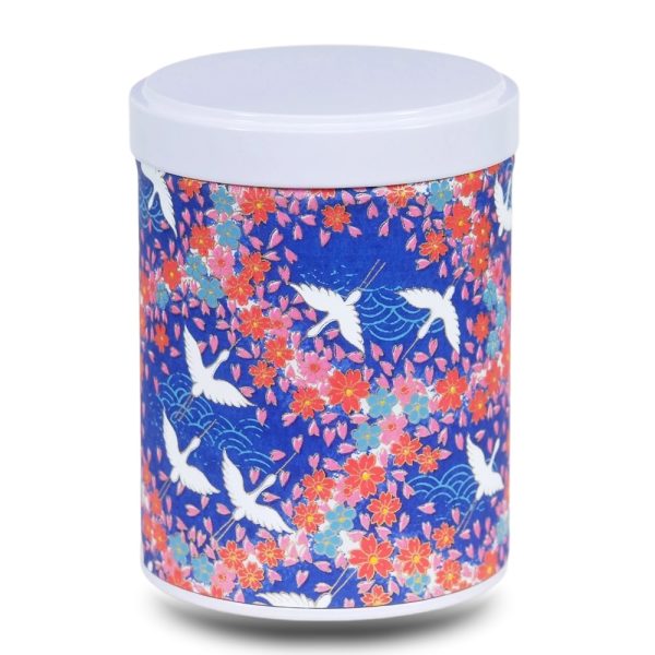 W-222-boite-the-washi-W-hokin Boite a thé en papier washi bleu avec fleurs rose et orange et grues blanches