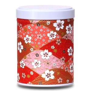 Boite a thé en papier washi rouge avec fleurs blanches et éventails