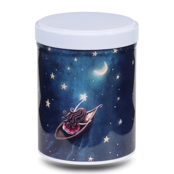 Artist's metal tea box illustrated with a drawing of a young girl on a pirogue sailing on a starry sky.