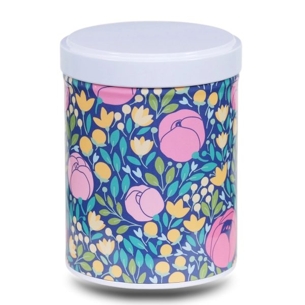 boite-the-illustree-B-flowery Boite a the en metal d'artiste illustrée de fleurs sur fond bleu