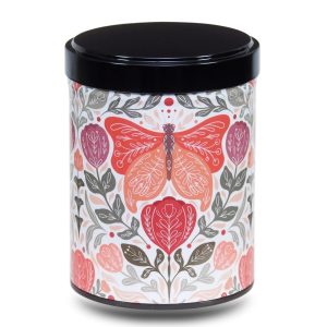 boite-the-illustree-B-folk Boite a the en metal d'artiste illustrée due papillons et de fleurs sur fond blanc