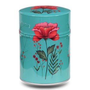 boite-the-illustree-C-fleur-rouge Boite à thé en métal illustrée d'un dessin de fleur rouge sur fond turquoise