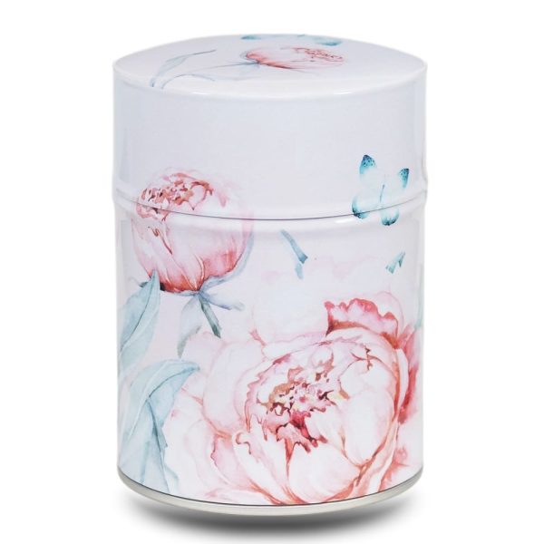 boite-the-illustree-C-pivoines-papillo Metal tea caddy illustrated with peonies and butterflies on a white background