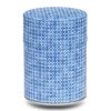 blue tea box with white geometric pattern