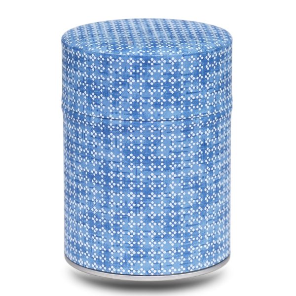blue tea box with white geometric pattern