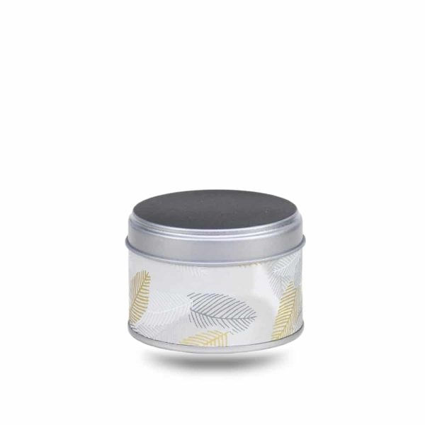 Small metal tea box covered with silver washi paper with gold and silver leaves