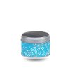 Small metal tea box covered with blue washi paper and stylized white flowers